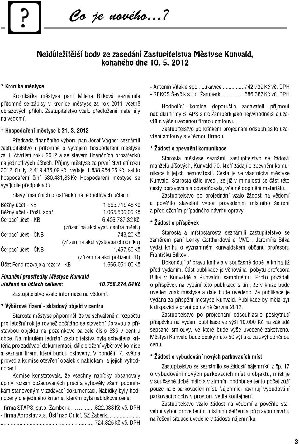 * Hospodaření městyse k 31. 3. 2012 Předseda finančního výboru pan Josef Vágner seznámil zastupitelstvo i přítomné s vývojem hospodaření městyse za 1.