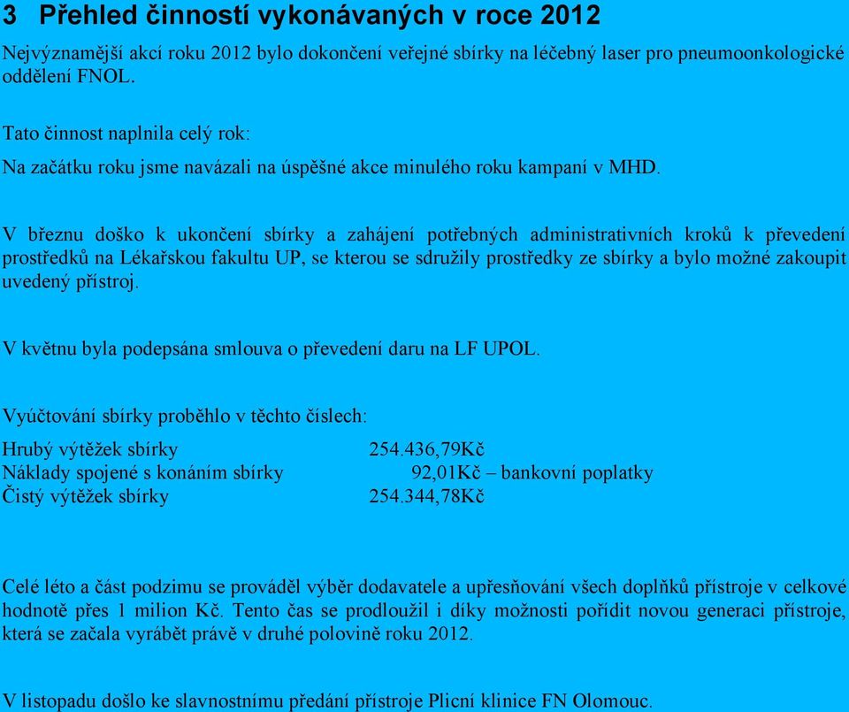 V březnu doško k ukončení sbírky a zahájení potřebných administrativních kroků k převedení prostředků na Lékařskou fakultu UP, se kterou se sdružily prostředky ze sbírky a bylo možné zakoupit uvedený