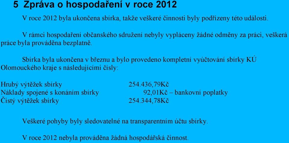 Sbírka byla ukončena v březnu a bylo provedeno kompletní vyúčtování sbírky KÚ Olomouckého kraje s následujícími čísly: Hrubý výtěžek sbírky Náklady