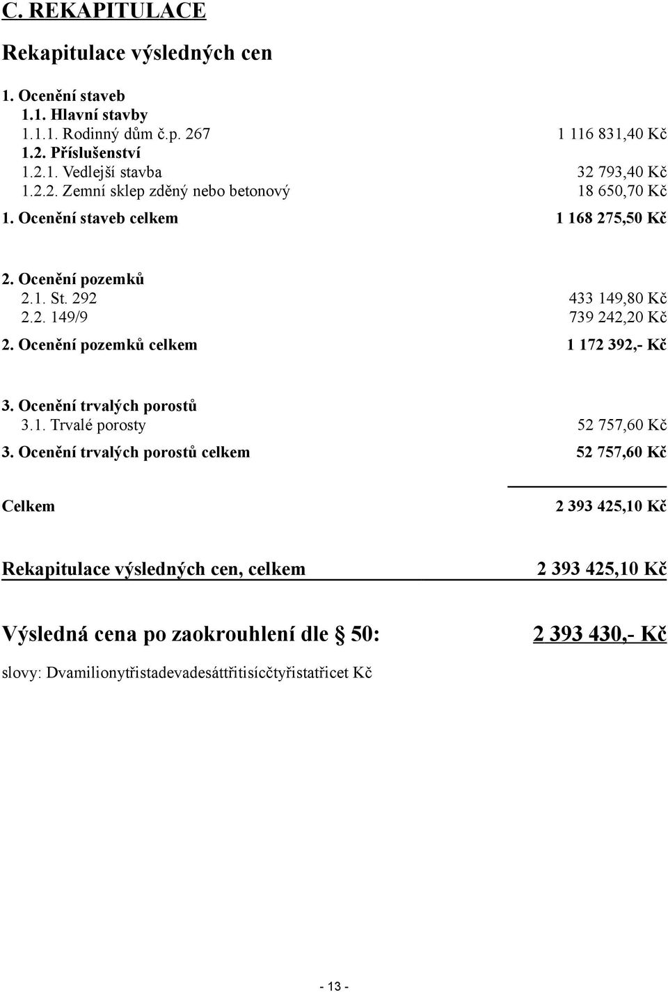 Ocenění pozemků celkem 1 172 392,- Kč 3. Ocenění trvalých porostů 3.1. Trvalé porosty 52 757,60 Kč 3.