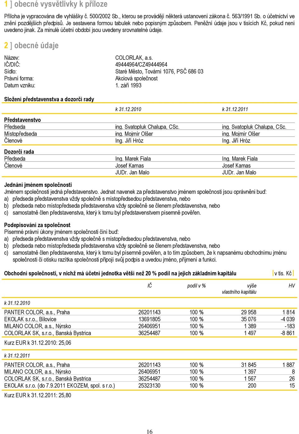 2 ] obecné údaje Název: COLORLAK, a.s. IČ/DIČ: 49444964/CZ49444964 Sídlo: Staré Město, Tovární 1076, PSČ 686 03 Právní forma: Akciová společnost Datum vzniku: 1.