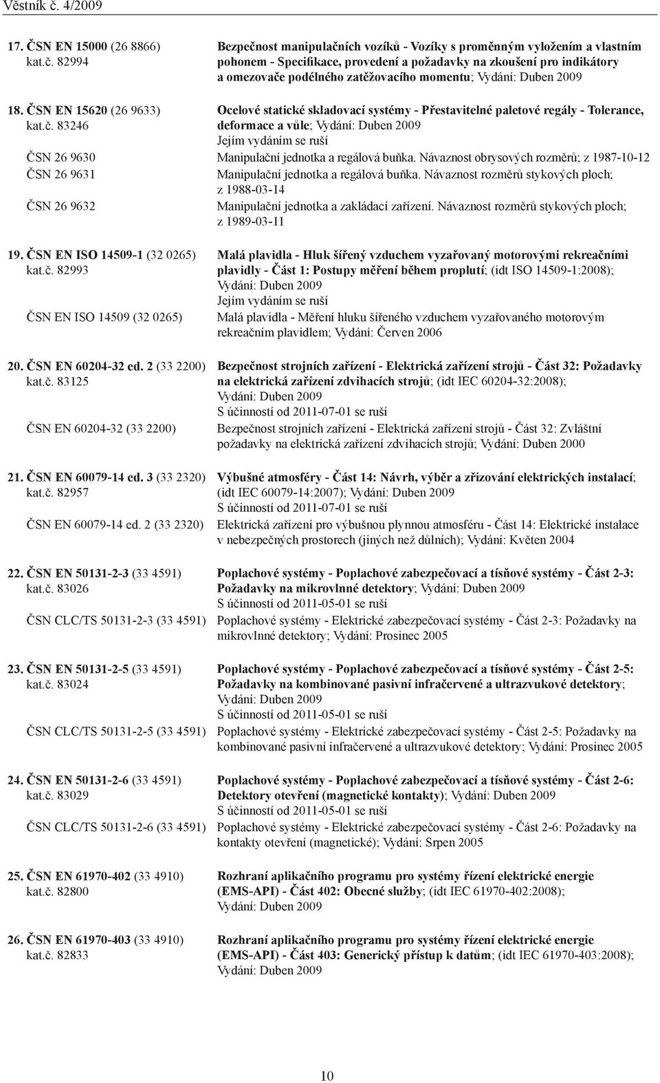 Vydání: Duben 2009 18. ČSN EN 15620 (26 9633) Ocelové statické skladovací systémy - Přestavitelné paletové regály - Tolerance, kat.č.