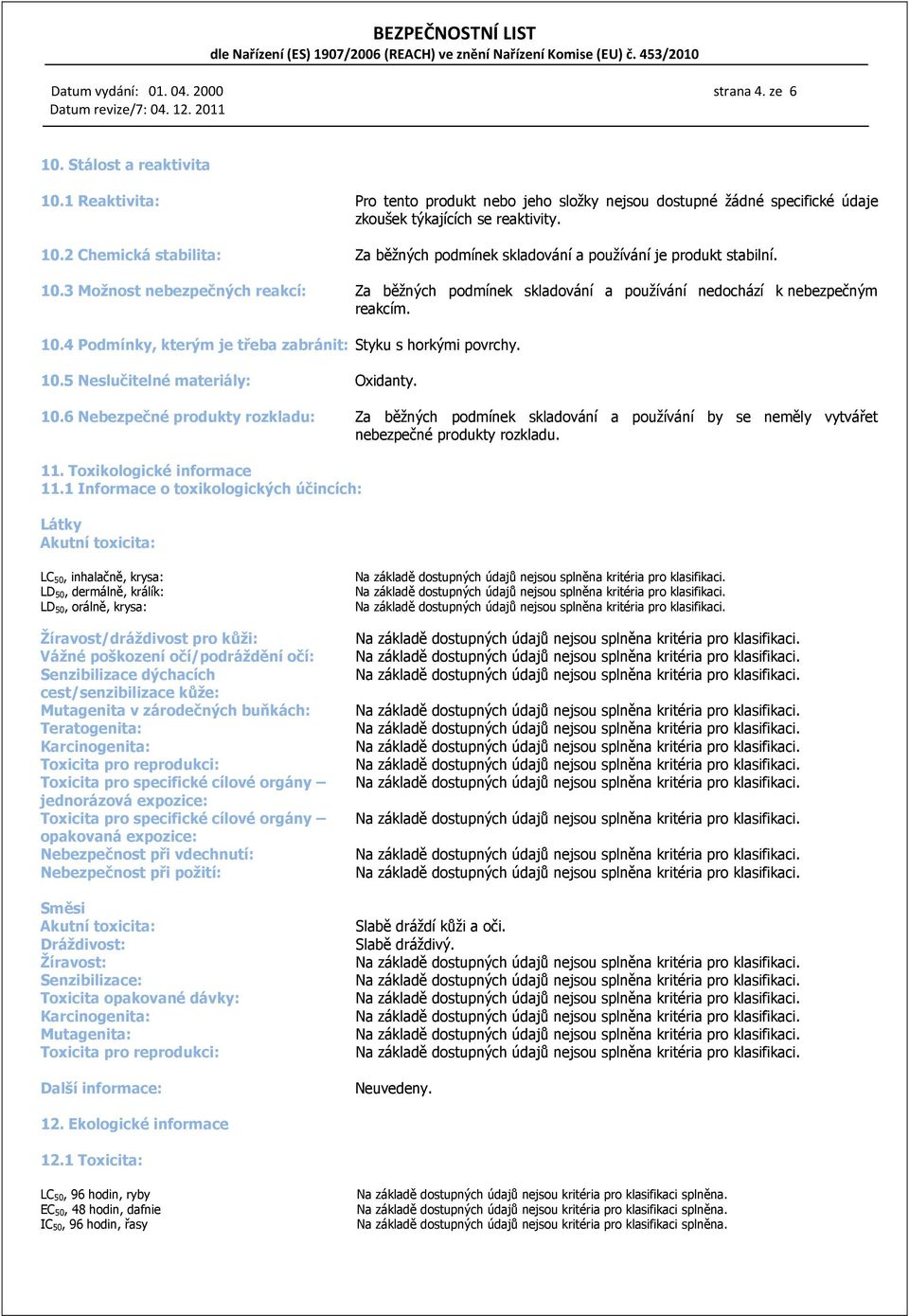 10.6 Nebezpečné produkty rozkladu: Za běžných podmínek skladování a používání by se neměly vytvářet nebezpečné produkty rozkladu. 11. Toxikologické informace 11.