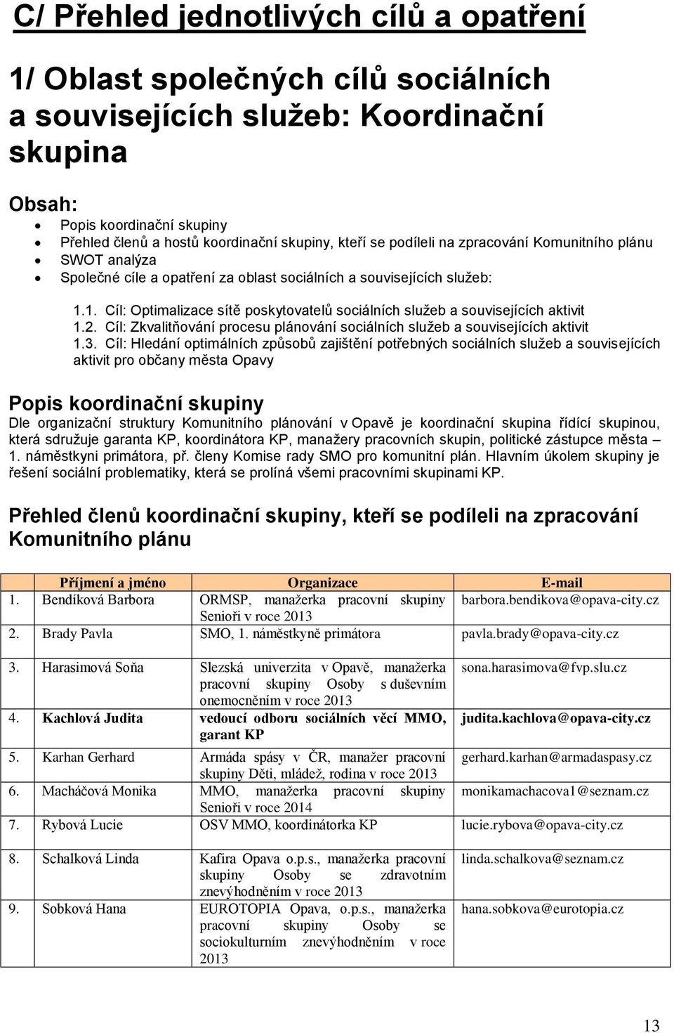 1. Cíl: Optimalizace sítě poskytovatelů sociálních služeb a souvisejících aktivit 1.2. Cíl: Zkvalitňování procesu plánování sociálních služeb a souvisejících aktivit 1.3.