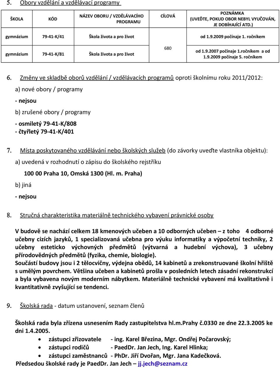 Změny ve skladbě oborů vzdělání / vzdělávacích programů oproti školnímu roku 2011/2012: a) nové obory / programy - nejsou b) zrušené obory / programy - osmiletý 79-41-K/808 - čtyřletý 79-41-K/401 7.