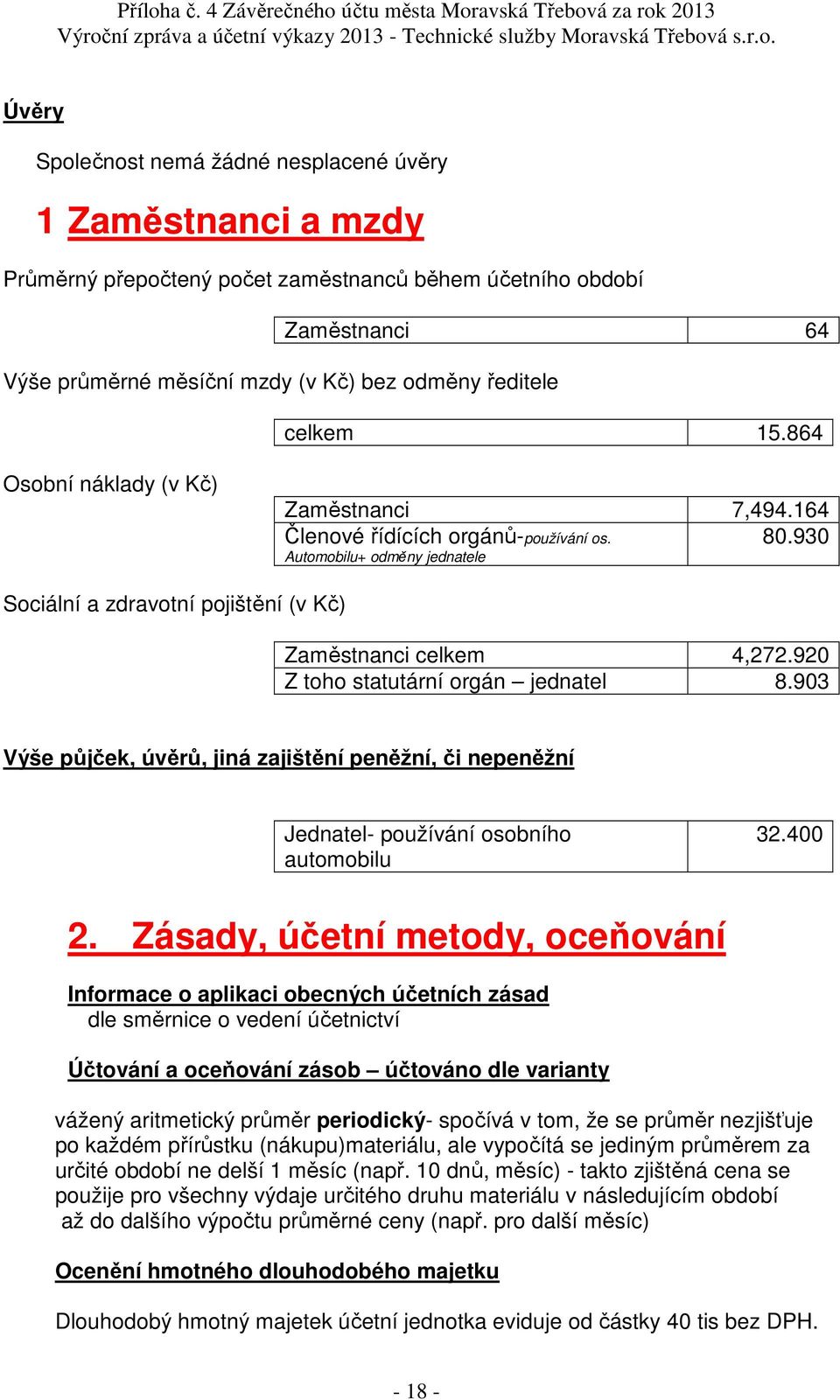 920 Z toho statutární orgán jednatel 8.903 Výše půjček, úvěrů, jiná zajištění peněžní, či nepeněžní Jednatel- používání osobního automobilu 32.400 2.