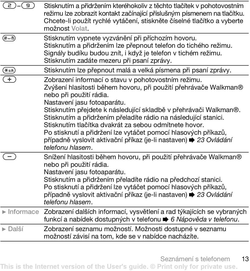 Signály budíku budou znít, i když je telefon v tichém režimu. Stisknutím zadáte mezeru při psaní zprávy. Stisknutím lze přepnout malá a velká písmena při psaní zprávy.