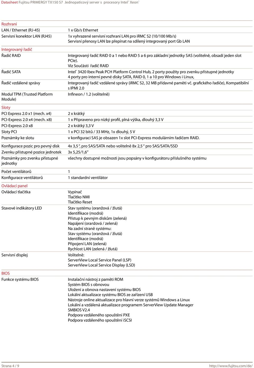 0 x8 Sloty PCI Poznámky ke slotu 1 x Gb/s Ethernet 1x vyhrazené servisní rozhraní LAN pro irmc S2 (10/100 Mb/s) Servisní přenosy LAN lze přepínat na sdílený integrovaný port Gb LAN Integrovaný řadič