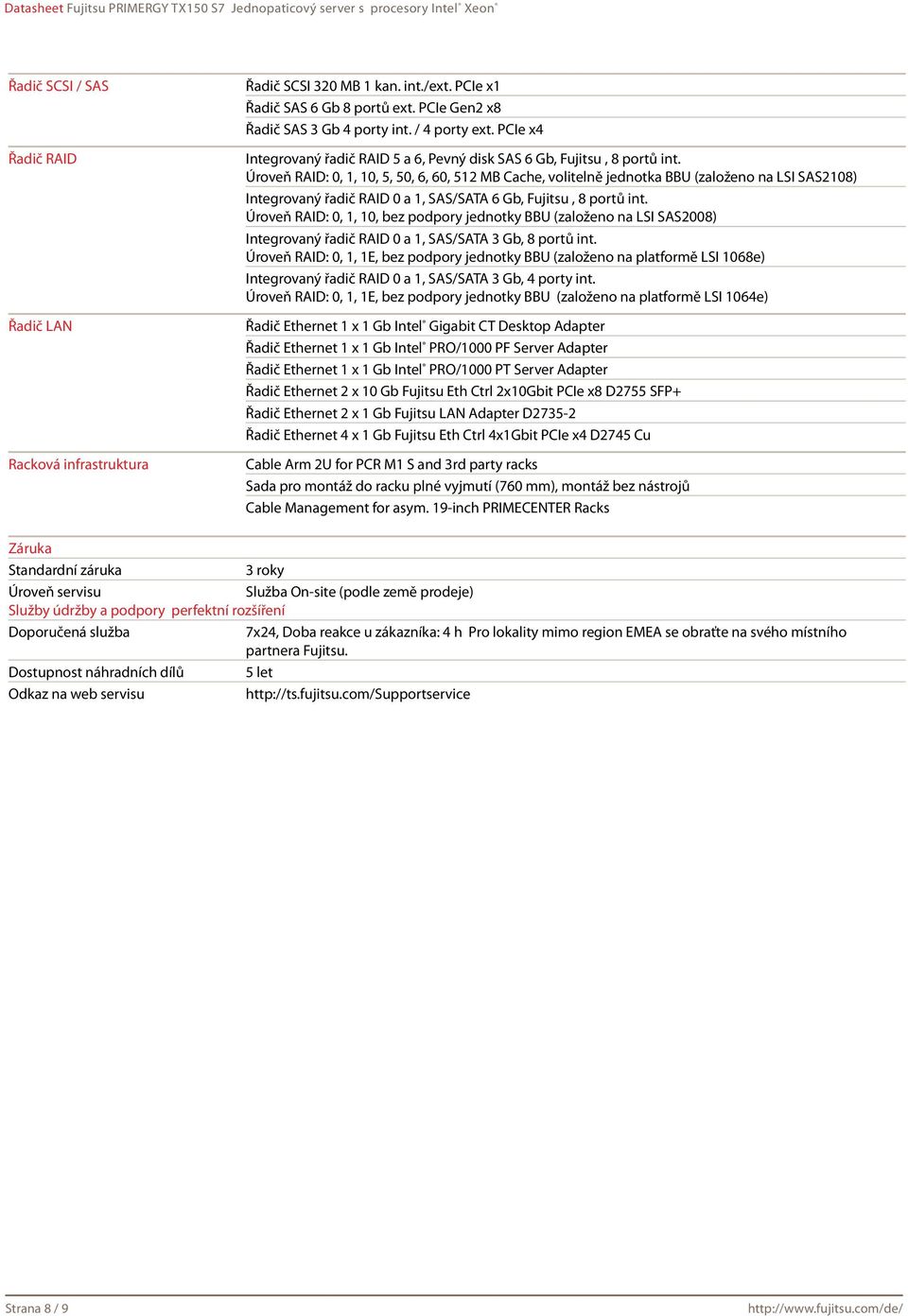 Úroveň RAID: 0, 1, 10, 5, 50, 6, 60, 512 MB Cache, volitelně jednotka BBU (založeno na LSI SAS2108) Integrovaný řadič RAID 0 a 1, SAS/SATA 6 Gb, Fujitsu, 8 portů int.