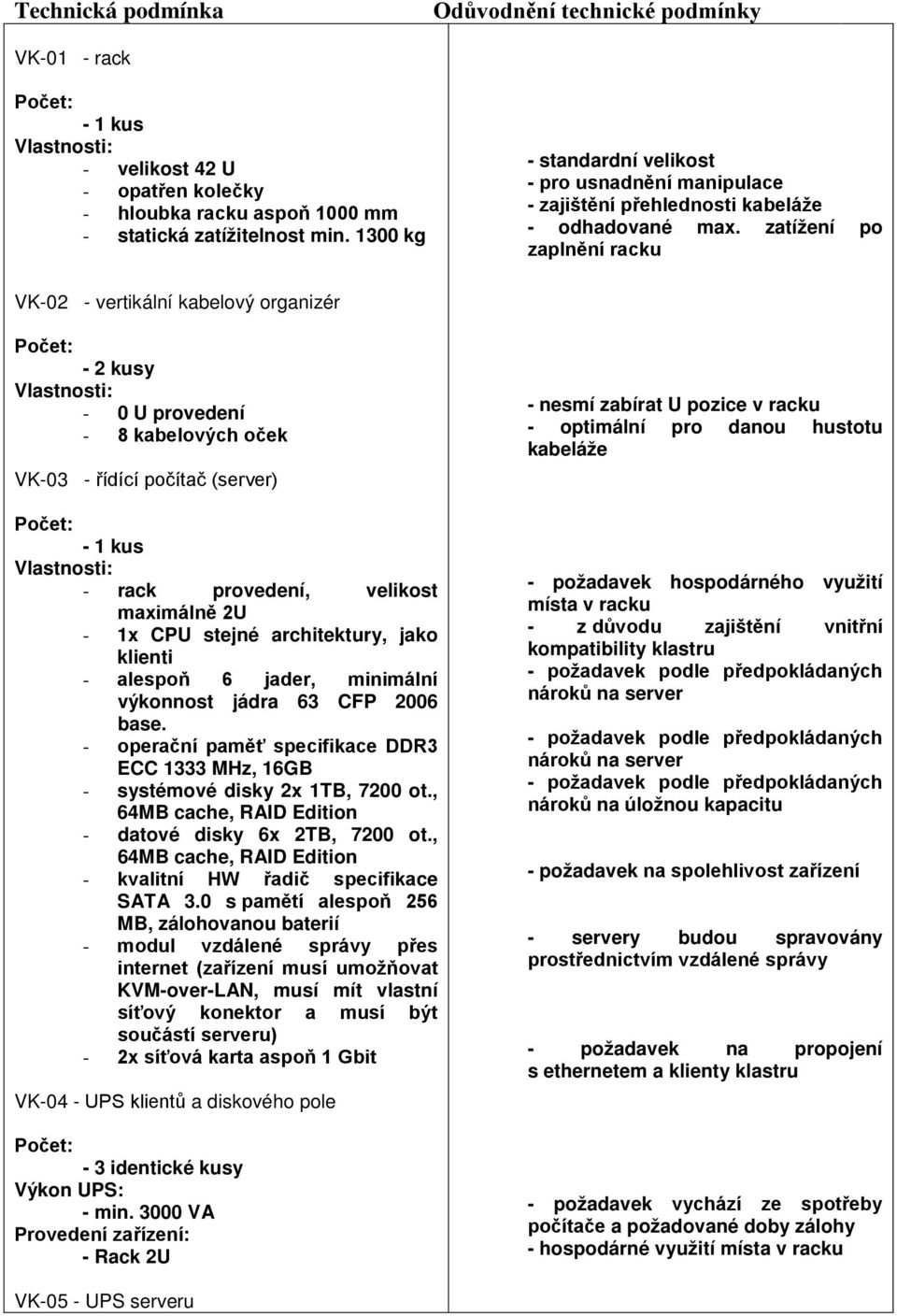 zatížení po zaplnění racku VK-02 - vertikální kabelový organizér - 2 kusy - 0 U provedení - 8 kabelových oček VK-03 - řídící počítač (server) - rack provedení, velikost maximálně 2U - 1x CPU stejné