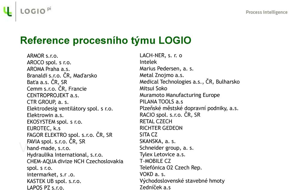 s r.o. intermarket, s.r.o. KASTEK UB spol. s.r.o. LAPOS PZ s.r.o. LACH-NER, s. r. o Intelek Marius Pedersen, a. s. Metal Znojmo a.s. Medical Technologies a.s., ČR, Bulharsko Mitsui Soko Muramoto Manufacturing Europe PILANA TOOLS a.