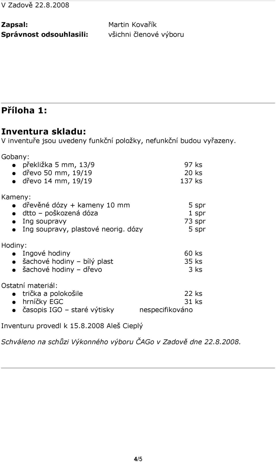 Gobany: překližka 5 mm, 13/9 97 ks dřevo 50 mm, 19/19 20 ks dřevo 14 mm, 19/19 137 ks Kameny: dřevěné dózy + kameny 10 mm 5 spr dtto poškozená dóza 1 spr Ing soupravy 73 spr