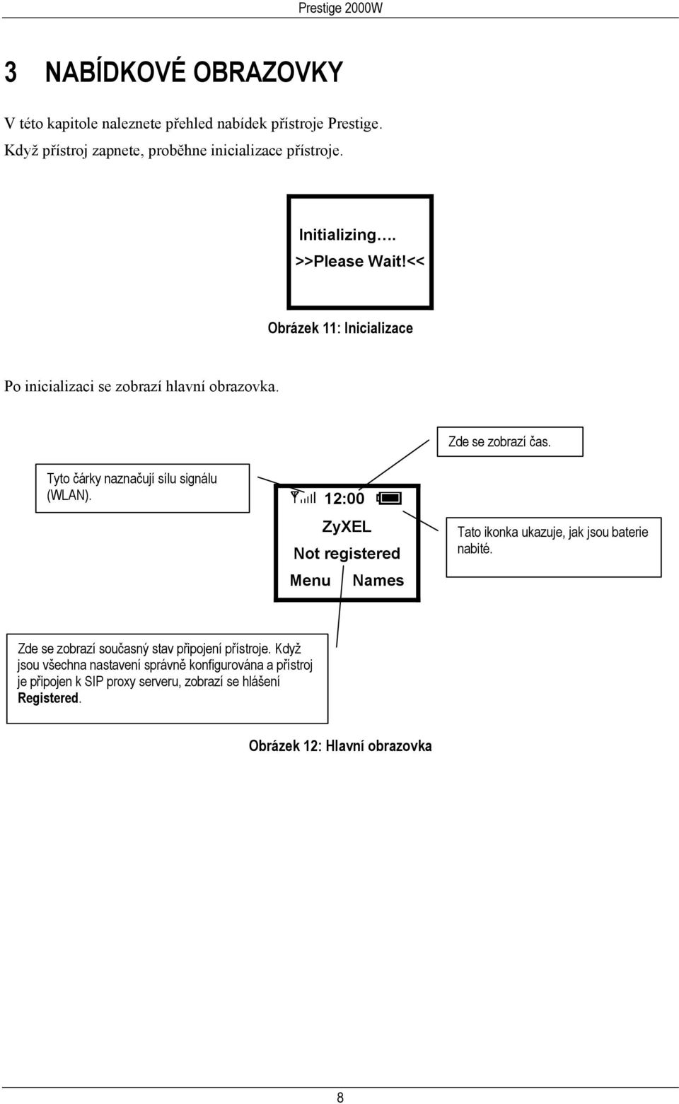 12:00 ZyXEL Not registered Menu Names Zde se zobrazí čas. Tato ikonka ukazuje, jak jsou baterie nabité.