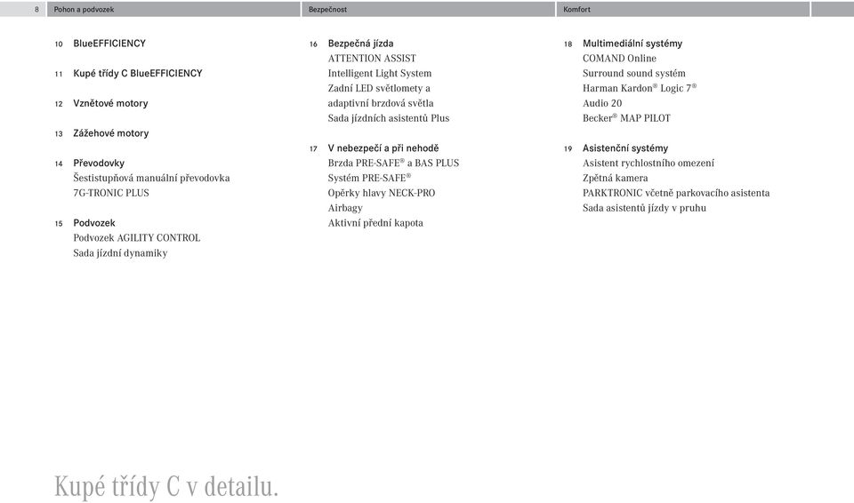 17 V nebezpečí a při nehodě Brzda PRE-SAFE a BAS PLUS Systém PRE-SAFE Opěrky hlavy NECK-PRO Airbagy Aktivní přední kapota 18 Multimediální systémy COMAND Online Surround sound systém Harman