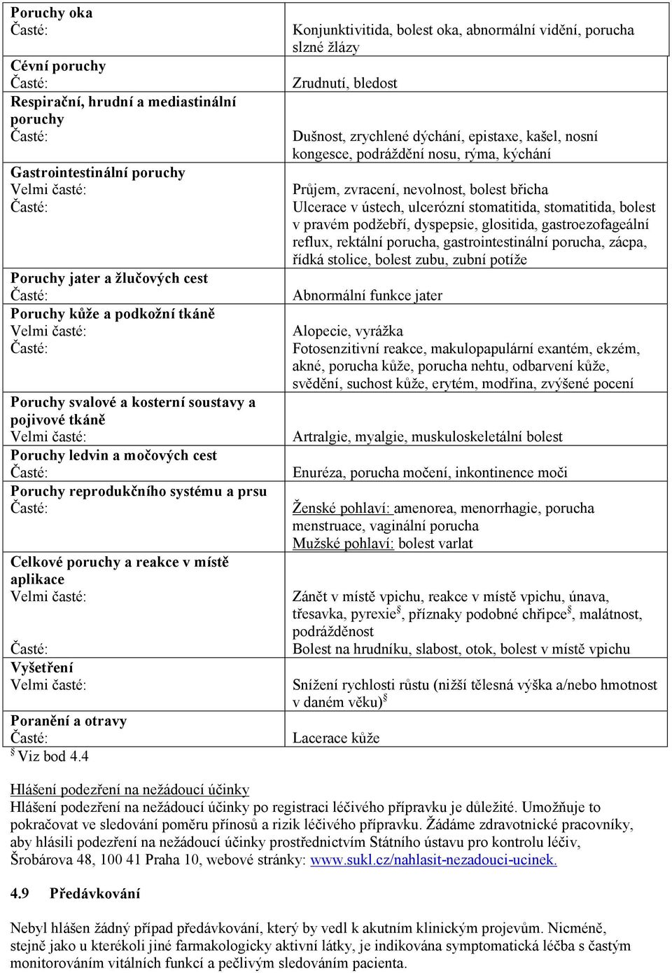 4 Konjunktivitida, bolest oka, abnormální vidění, porucha slzné žlázy Zrudnutí, bledost Dušnost, zrychlené dýchání, epistaxe, kašel, nosní kongesce, podráždění nosu, rýma, kýchání Průjem, zvracení,