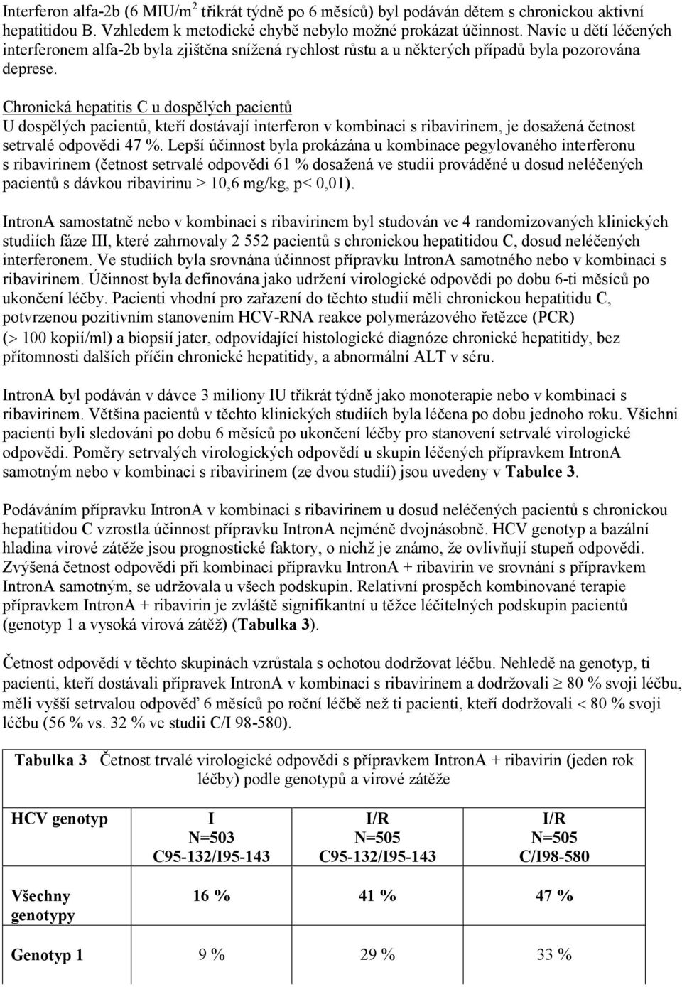 Chronická hepatitis C u dospělých pacientů U dospělých pacientů, kteří dostávají interferon v kombinaci s ribavirinem, je dosažená četnost setrvalé odpovědi 47 %.