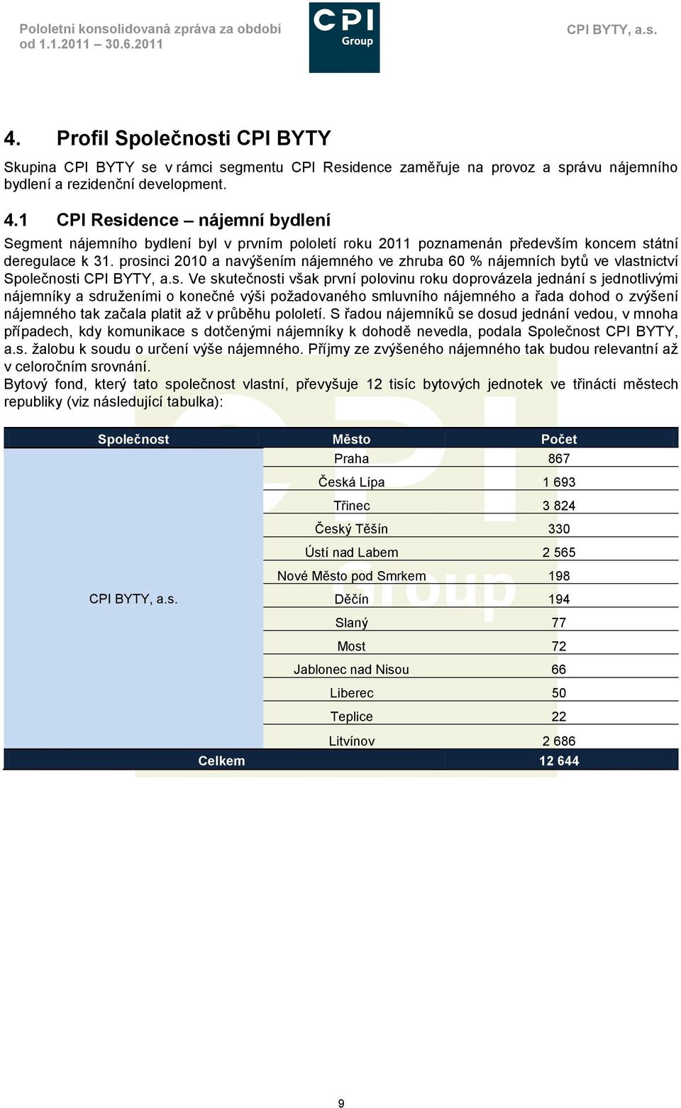 1 CPI Residence nájemní bydlení Segment nájemního bydlení byl v prvním pololetí roku 2011 poznamenán především koncem státní deregulace k 31.