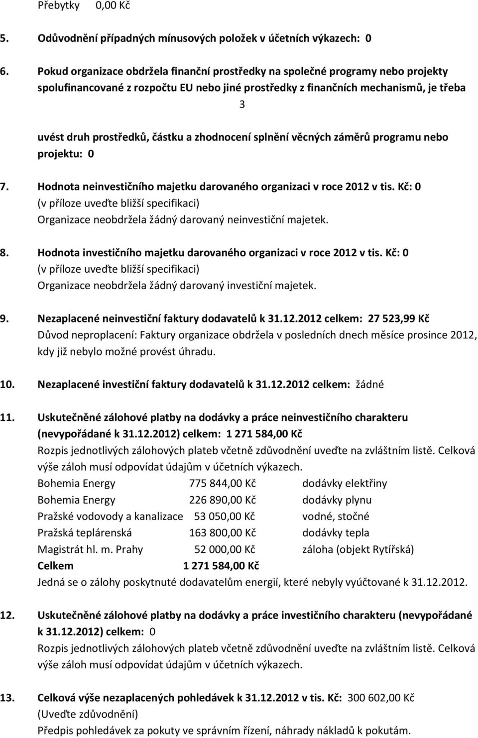 a zhodnocení splnění věcných záměrů programu nebo projektu: 0 7. Hodnota neinvestičního majetku darovaného organizaci v roce 2012 v tis.