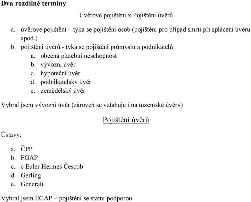 pojištěni úvěrů - tyká se pojištěni průmyslu a podnikatelů a. obecná platební neschopnost b. vývozní úvěr c. hypoteční úvěr d.