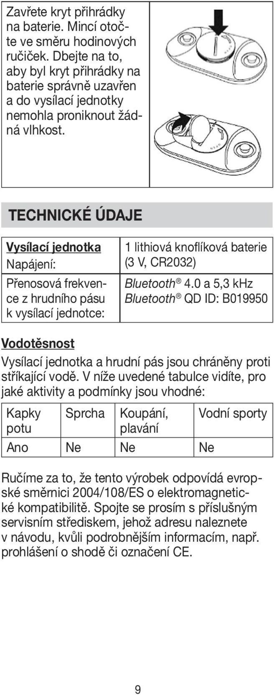 0 a 5,3 khz Bluetooth QD ID: B019950 Vodotěsnost Vysílací jednotka a hrudní pás jsou chráněny proti stříkající vodě.