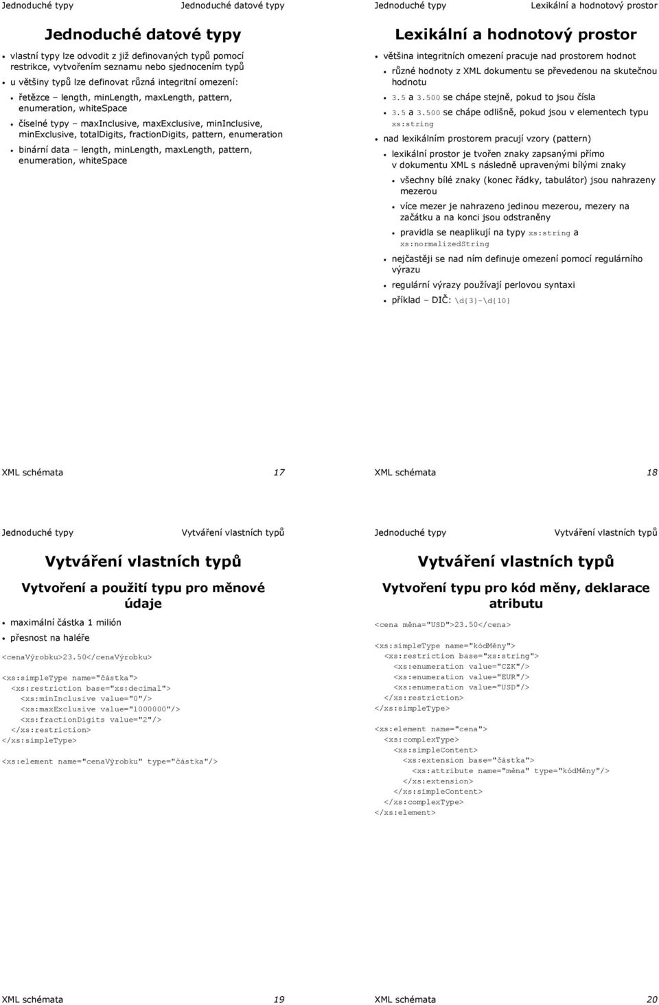 minexclusive, totaldigits, fractiondigits, pattern, enumeration binární data length, minlength, maxlength, pattern, enumeration, whitespace Lexikální a hodnotový prostor většina integritních omezení