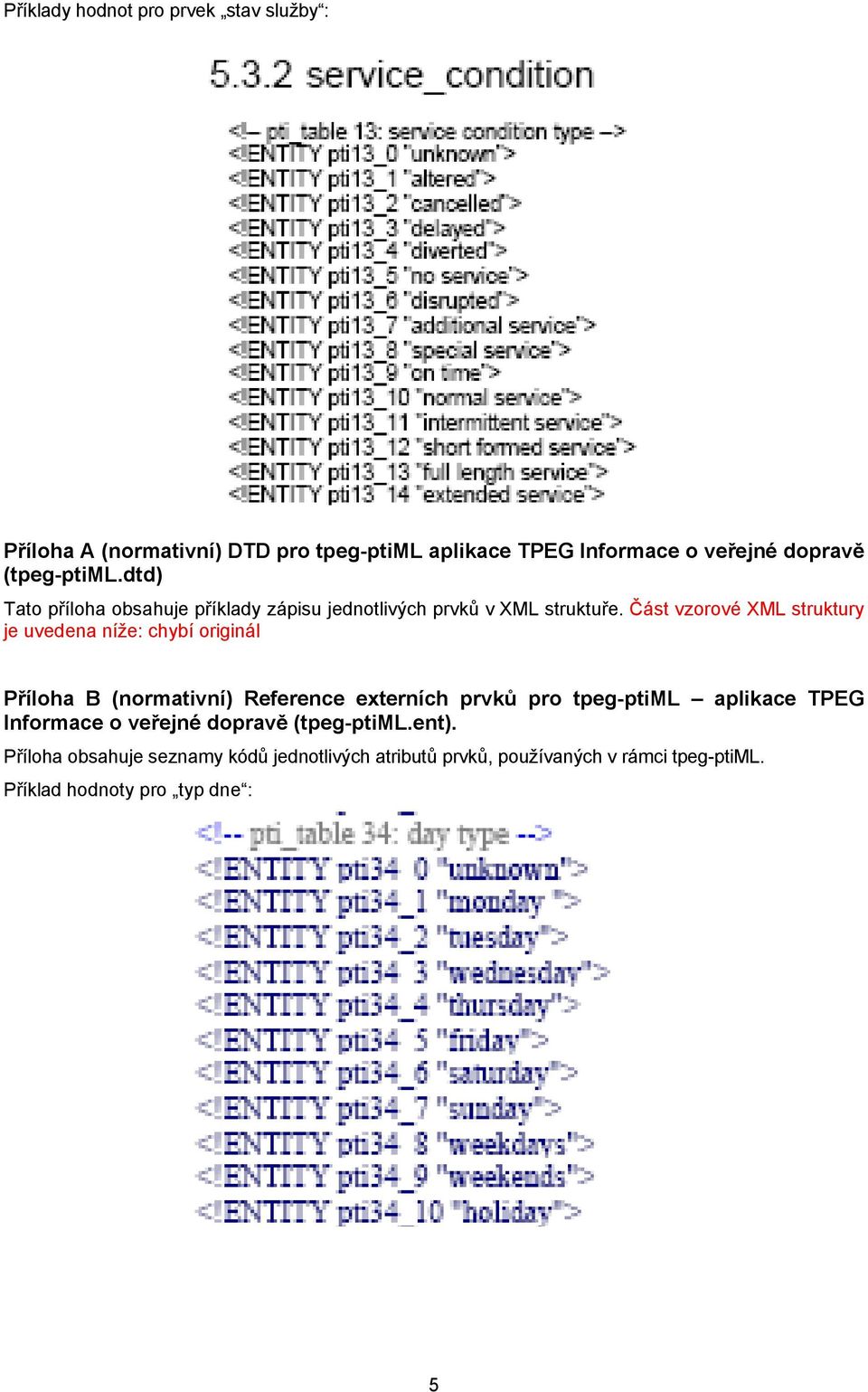 Část vzorové XML struktury je uvedena níže: chybí originál Příloha B (normativní) Reference externích prvků pro tpeg-ptiml