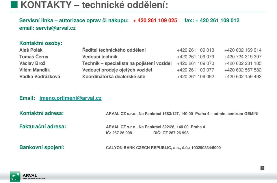 pojištění vozidel +420 261 109 070 +420 602 231 185 Vilém Mandlík Vedoucí prodeje ojetých vozidel +420 261 109 077 +420 602 567 582 Radka Vodrážková Koordinátorka dealerské sítě +420 261 109 092 +420