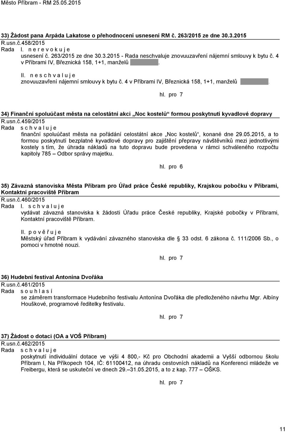 pro 7 34) Finanční spoluúčast města na celostátní akci Noc kostelů formou poskytnutí kyvadlové dopravy R.usn.č.459/2015 finanční spoluúčast města na pořádání celostátní akce Noc kostelů, konané dne 29.