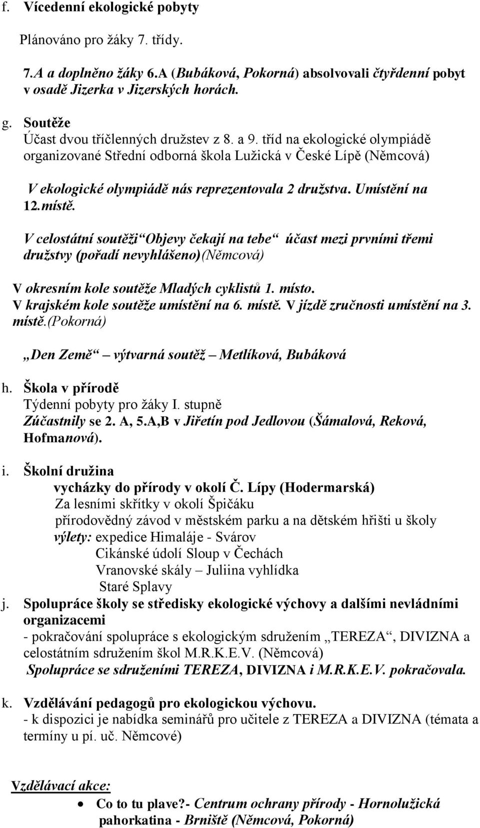 Umístění na 12.místě. V celostátní soutěži Objevy čekají na tebe účast mezi prvními třemi družstvy (pořadí nevyhlášeno)(němcová) V okresním kole soutěže Mladých cyklistů 1. místo.