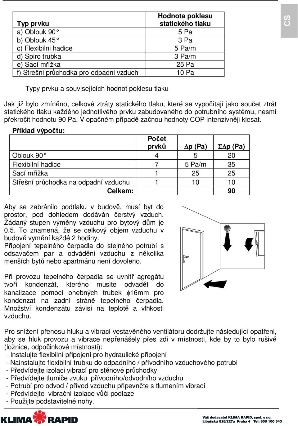do potrubního systému, nesmí překročit hodnotu 90 Pa. V opačném případě začnou hodnoty COP intenzivněji klesat.