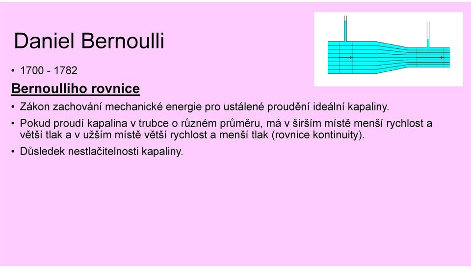 Pokud proudí kapalina v trubce o různém průměru, má v širším místě menší