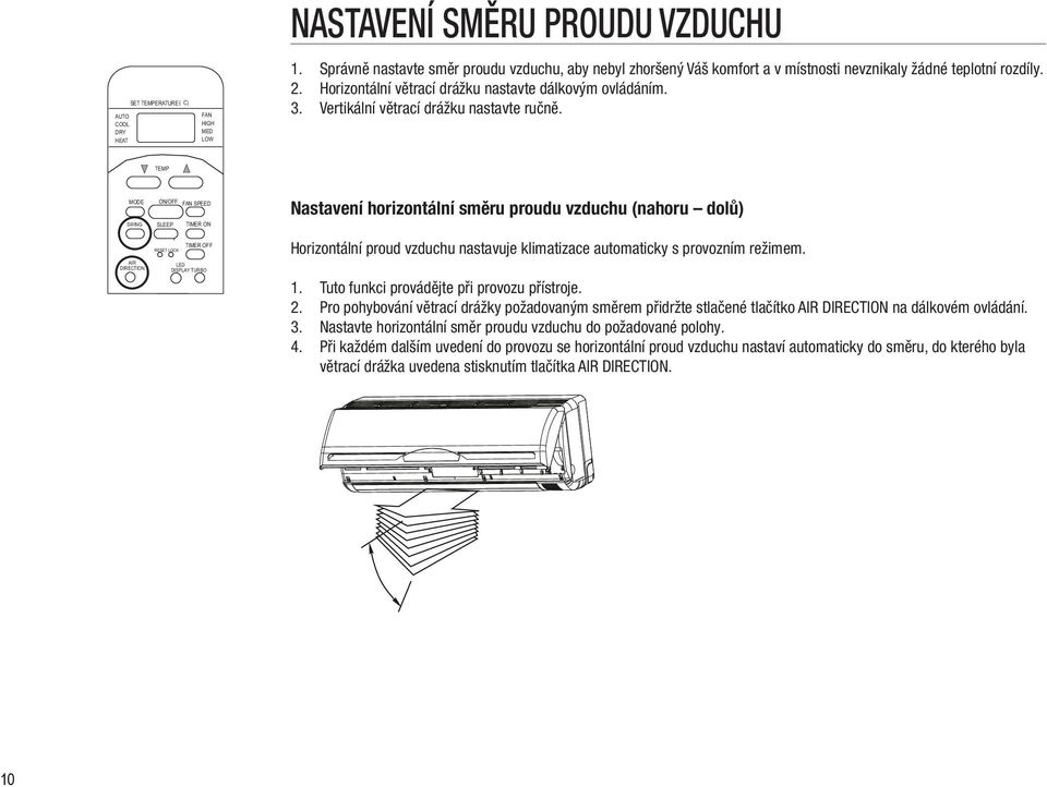 TEMP MODE SWING AIR DIRECTION ON/OFF FAN SPEED SLEEP TIMER ON TIMER OFF RESET LOCK LED DISPLAY TURBO Nastavení horizontální směru proudu vzduchu (nahoru dolů) Horizontální proud vzduchu nastavuje