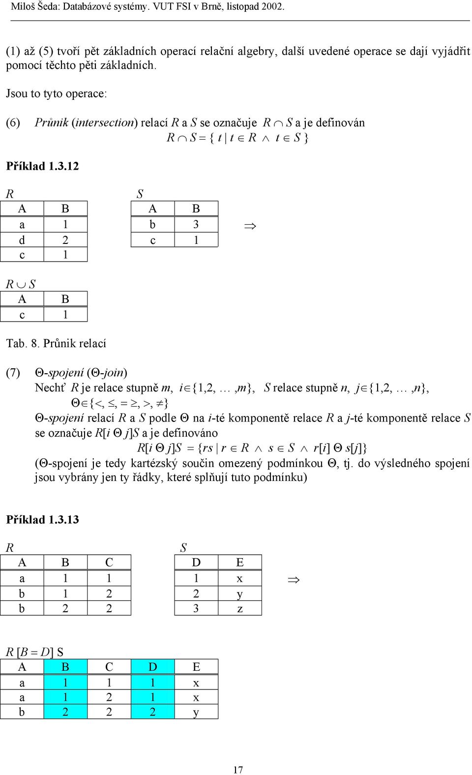 Průnik relací (7) Θ-spojení (Θ-join) Nechť R je relace stupně m, i {1,2,,m}, S relace stupně n, j {1,2,,n}, Θ {<,, =, >, } Θ-spojení relací R a S podle Θ na i-té komponentě relace R a j-té komponentě