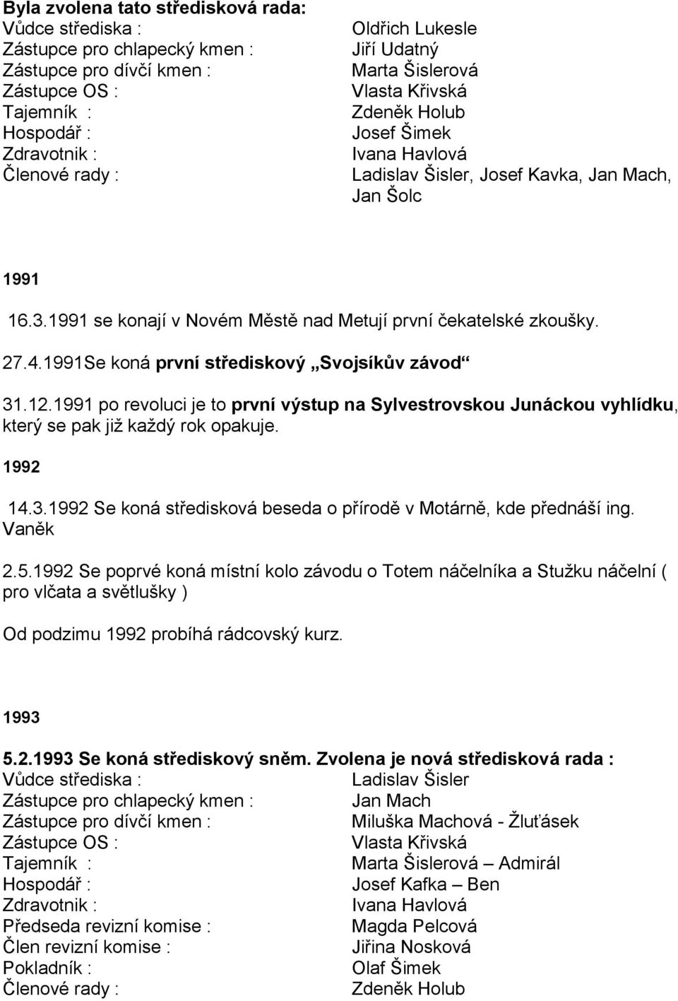 1991Se koná první střediskový Svojsíkův závod 31.12.1991 po revoluci je to první výstup na Sylvestrovskou Junáckou vyhlídku, který se pak jiţ kaţdý rok opakuje. 1992 14.3.1992 Se koná středisková beseda o přírodě v Motárně, kde přednáší ing.