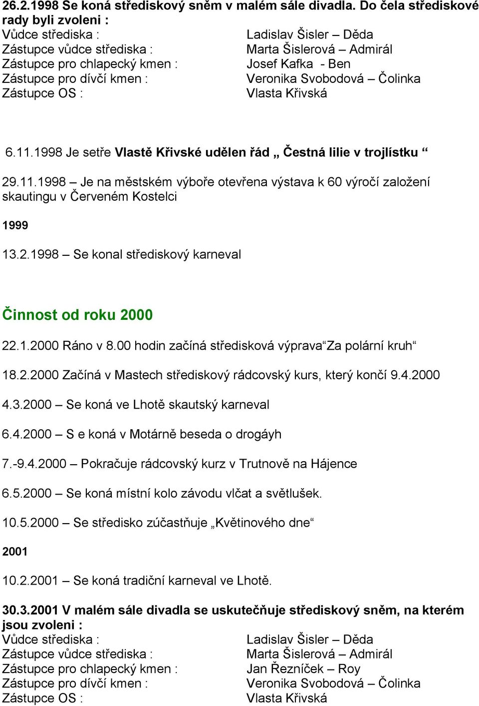 Svobodová Čolinka Zástupce OS : 6.11.1998 Je setře Vlastě Křivské udělen řád Čestná lilie v trojlístku 29.11.1998 Je na městském výboře otevřena výstava k 60 výročí zaloţení skautingu v Červeném Kostelci 1999 13.