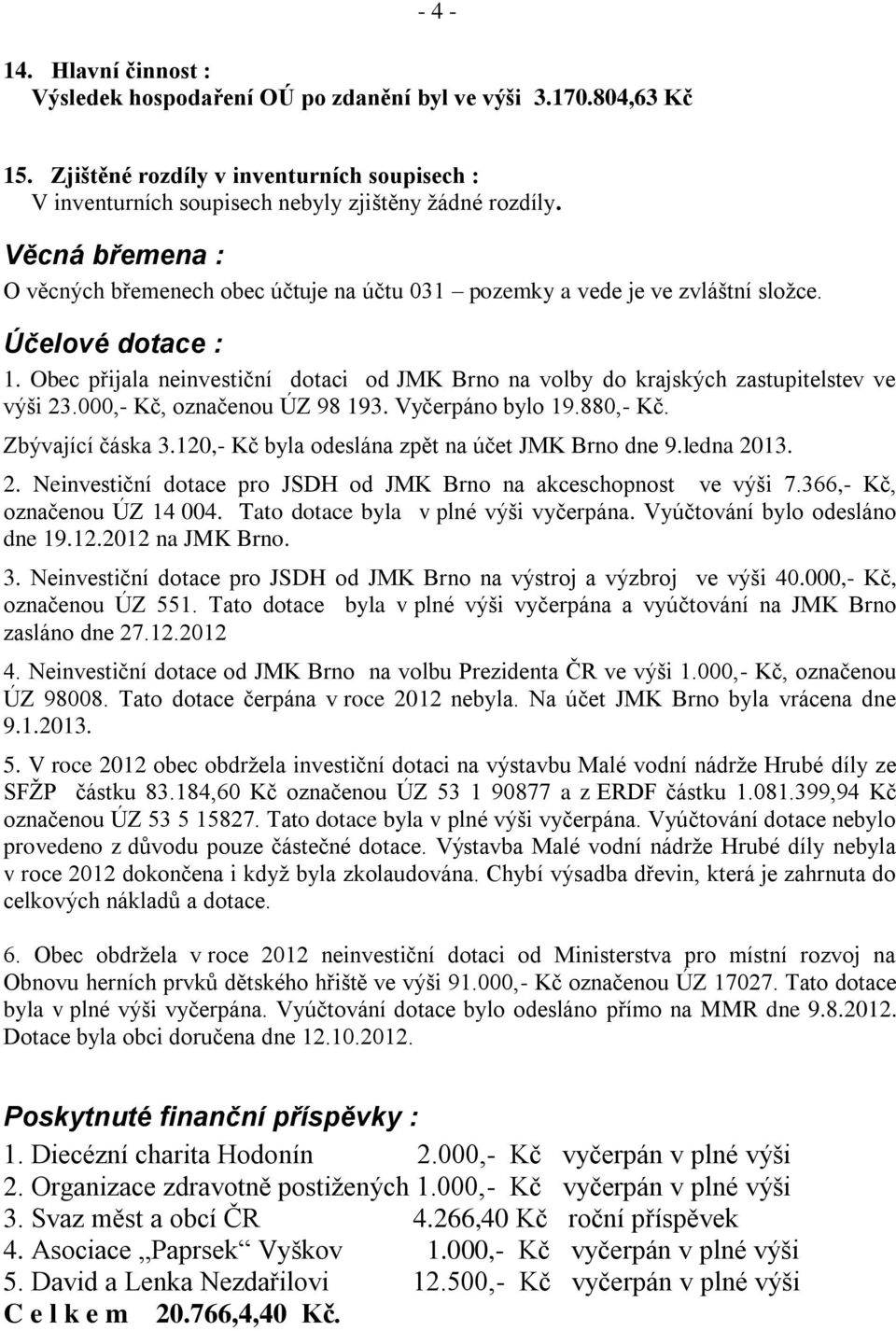 Obec přijala neinvestiční dotaci od JMK Brno na volby do krajských zastupitelstev ve výši 23.000,- Kč, označenou ÚZ 98 193. Vyčerpáno bylo 19.880,- Kč. Zbývající čáska 3.