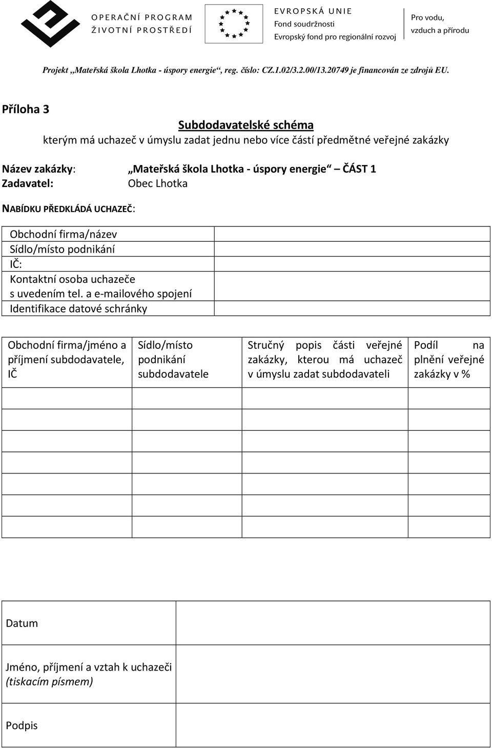 a e-mailového spojení Identifikace datové schránky Obchodní firma/jméno a příjmení subdodavatele, IČ Sídlo/místo podnikání subdodavatele Stručný popis části