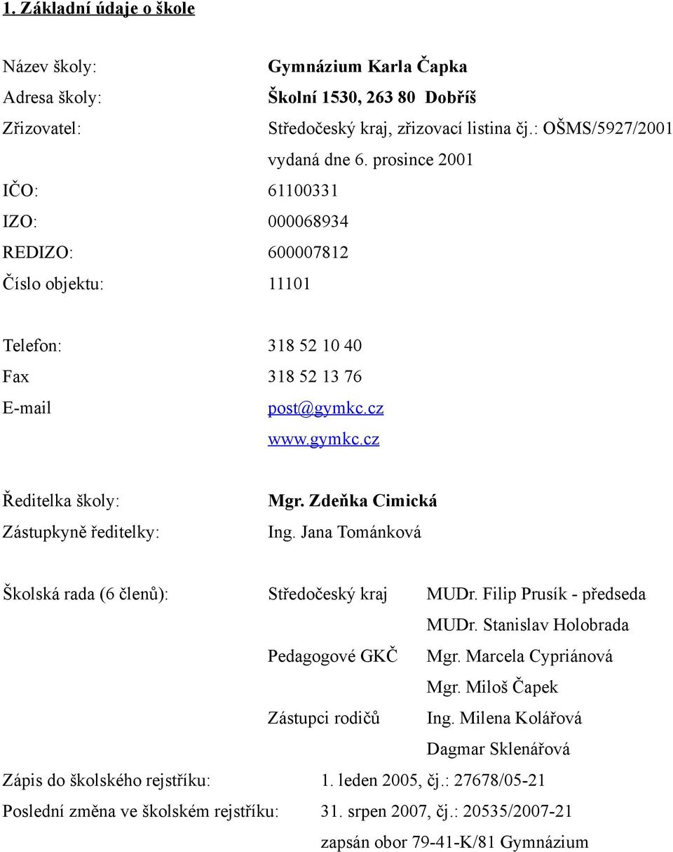 Zdeňka Cimická Ing. Jana Tománková Školská rada (6 členů): Středočeský kraj MUDr. Filip Prusík - předseda MUDr. Stanislav Holobrada Pedagogové GKČ Mgr. Marcela Cypriánová Mgr.