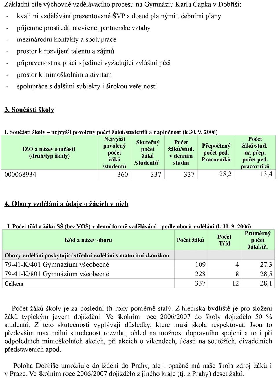 i širokou veřejností 3. Součásti školy I. Součásti školy nejvyšší povolený počet žáků/studentů a naplněnost (k 30. 9. 2006) Nejvyšší Počet Skutečný Počet povolený Přepočtený žáků/stud.