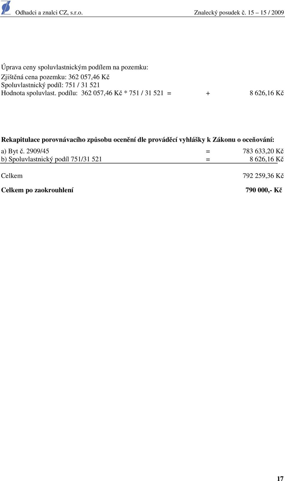 podílu: 362 057,46 Kč * 751 / 31 521 = + 8 626,16 Kč Rekapitulace porovnávacího způsobu ocenění dle