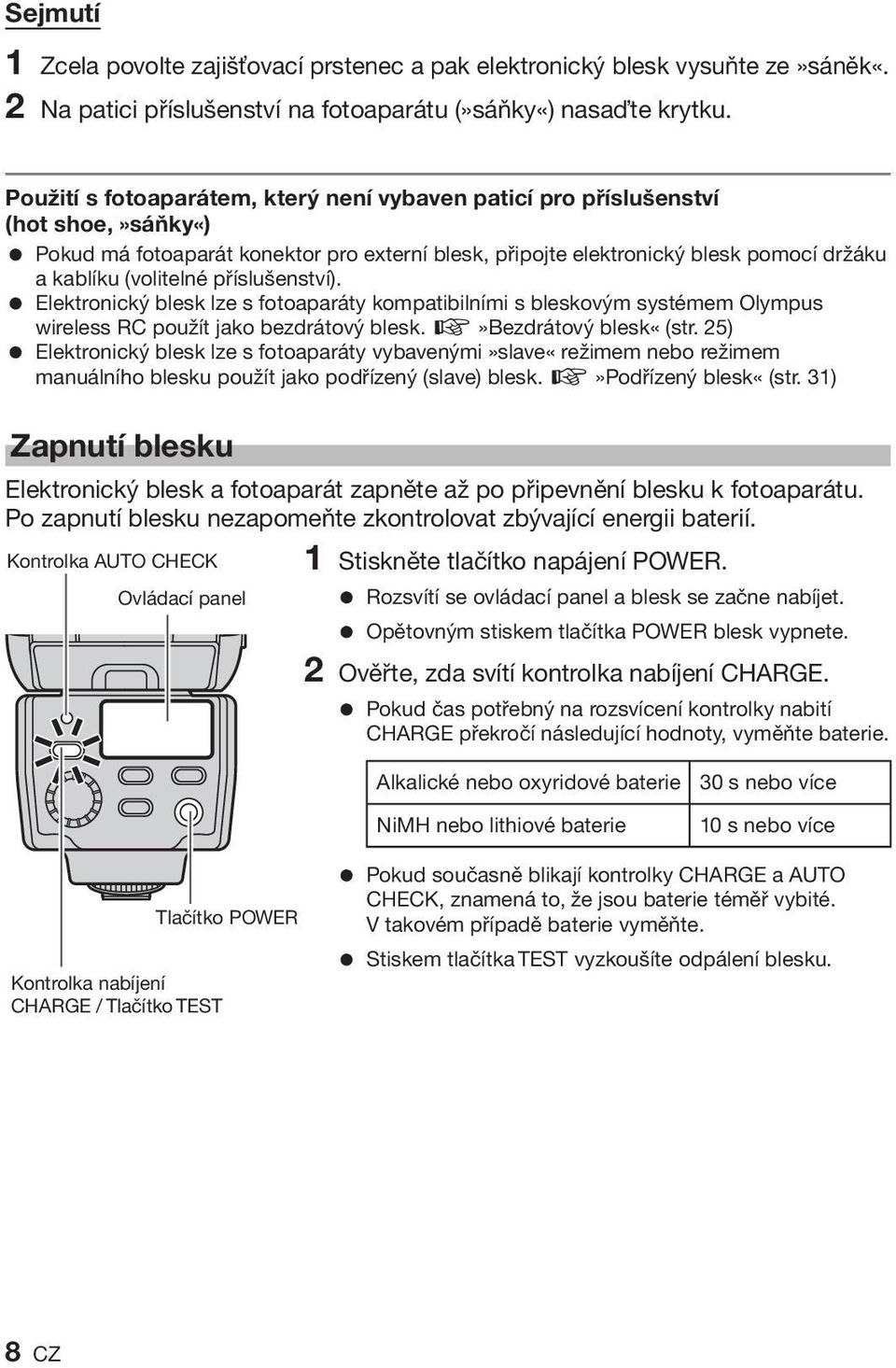 příslušenství). = Elektronický blesk lze s fotoaparáty kompatibilními s bleskovým systémem Olympus wireless RC použít jako bezdrátový blesk. g»bezdrátový blesk«(str.