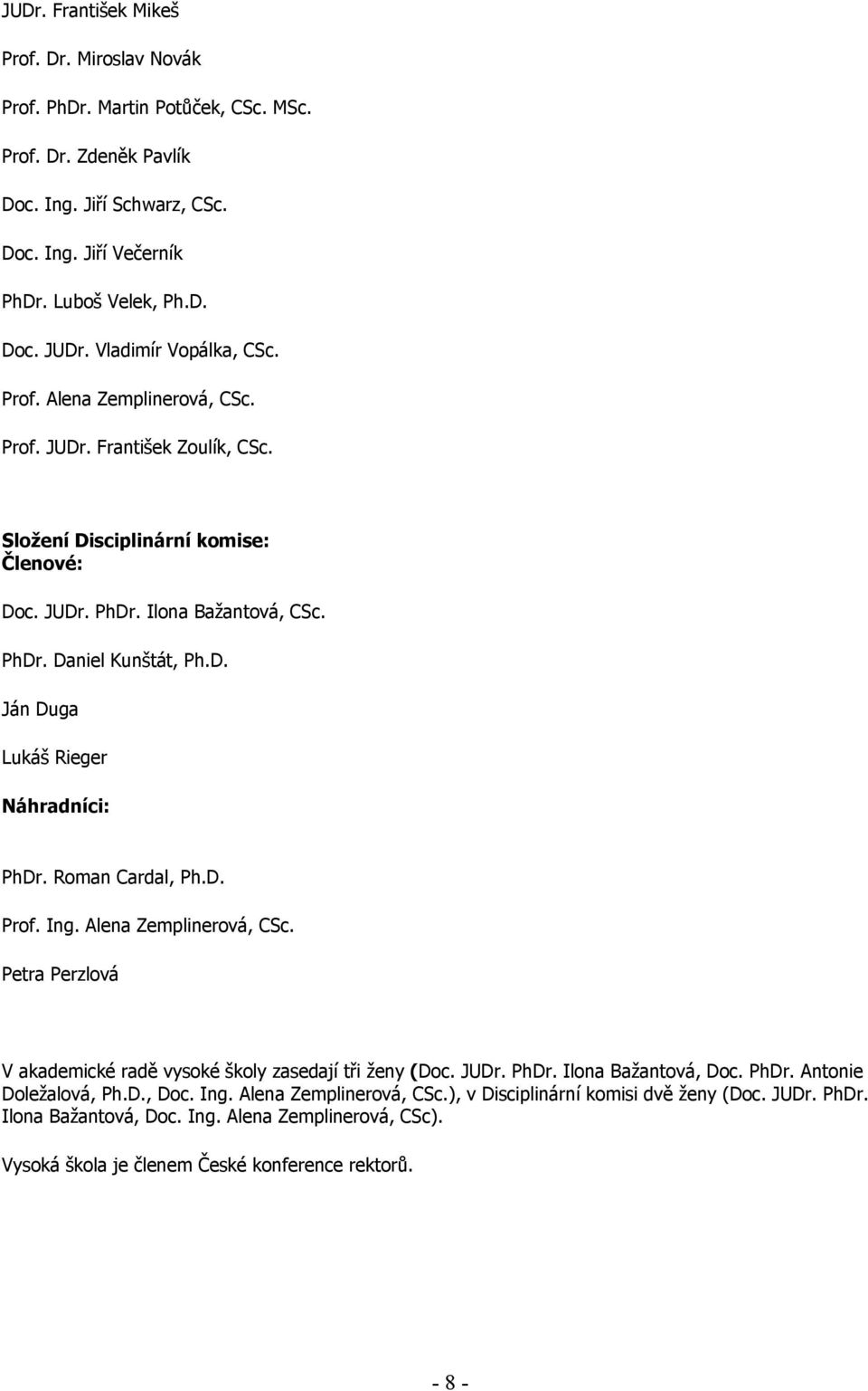 Roman Cardal, Ph.D. Prof. Ing. Alena Zemplinerová, CSc. Petra Perzlová V akademické radě vysoké školy zasedají tři ženy (Doc. JUDr. PhDr. Ilona Bažantová, Doc. PhDr. Antonie Doležalová, Ph.D., Doc. Ing. Alena Zemplinerová, CSc.), v Disciplinární komisi dvě ženy (Doc.
