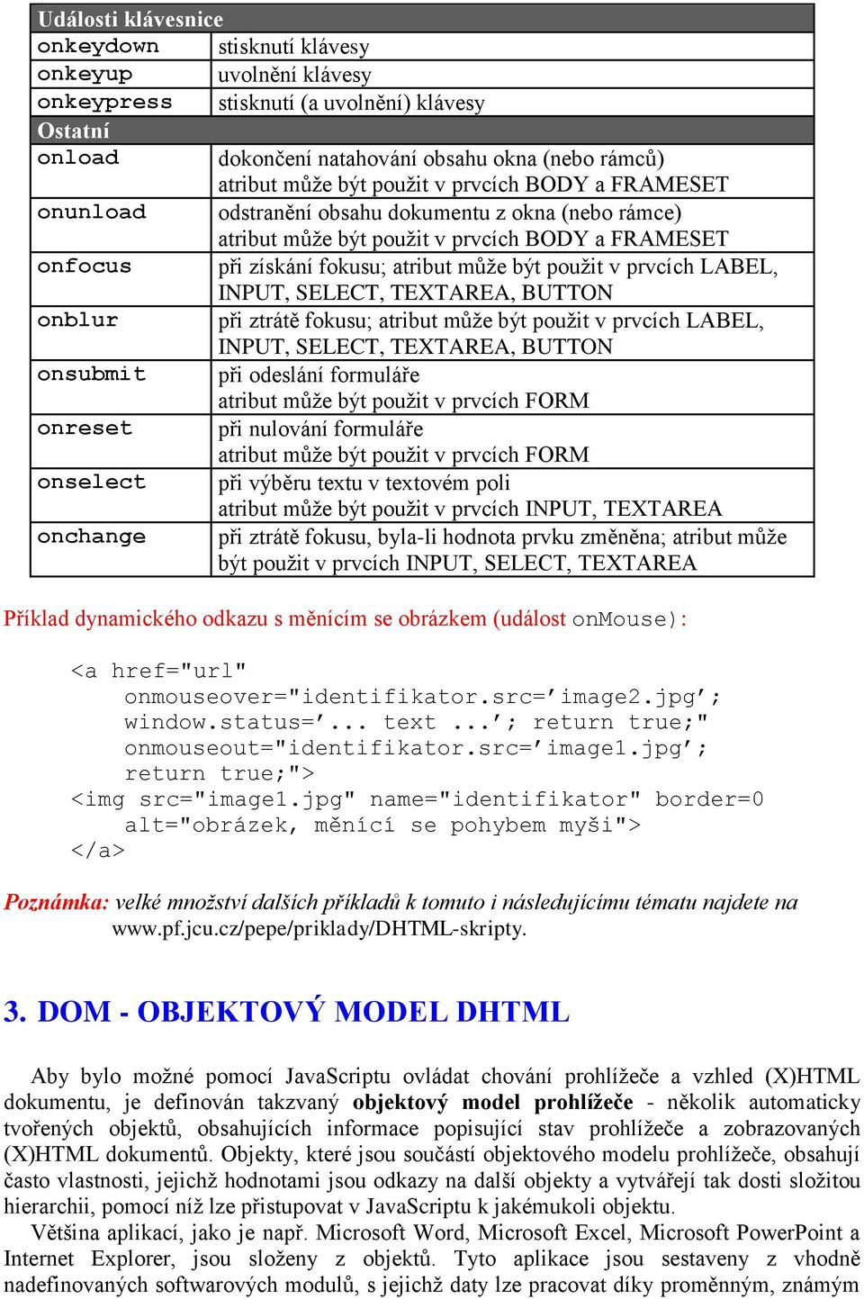 LABEL, INPUT, SELECT, TEXTAREA, BUTTON onblur při ztrátě fokusu; atribut může být použit v prvcích LABEL, INPUT, SELECT, TEXTAREA, BUTTON onsubmit při odeslání formuláře atribut může být použit v