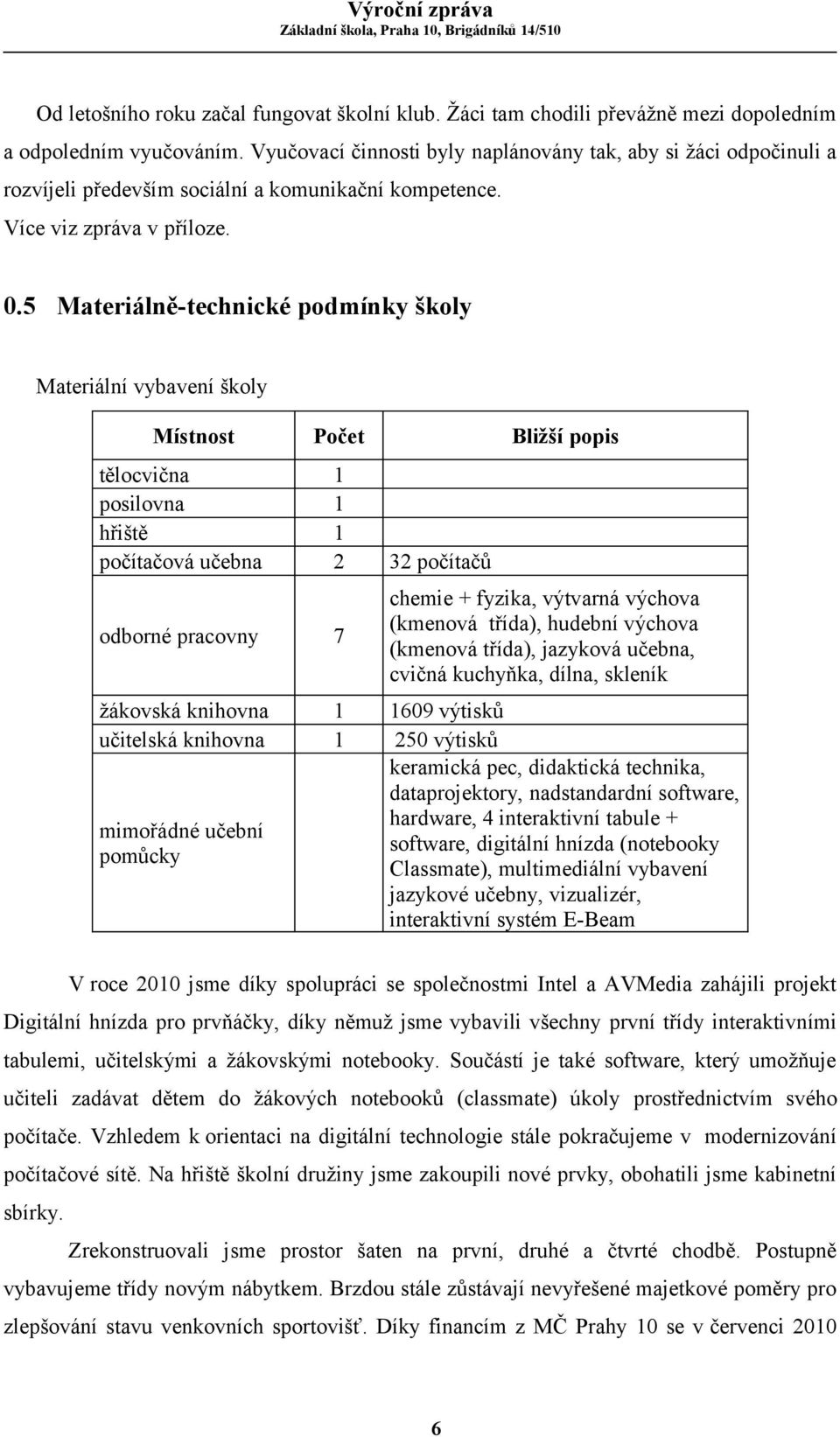 5 Materiálně-technické podmínky školy Materiální vybavení školy Místnost Počet Bližší popis tělocvična 1 posilovna 1 hřiště 1 počítačová učebna 2 32 počítačů odborné pracovny 7 žákovská knihovna 1