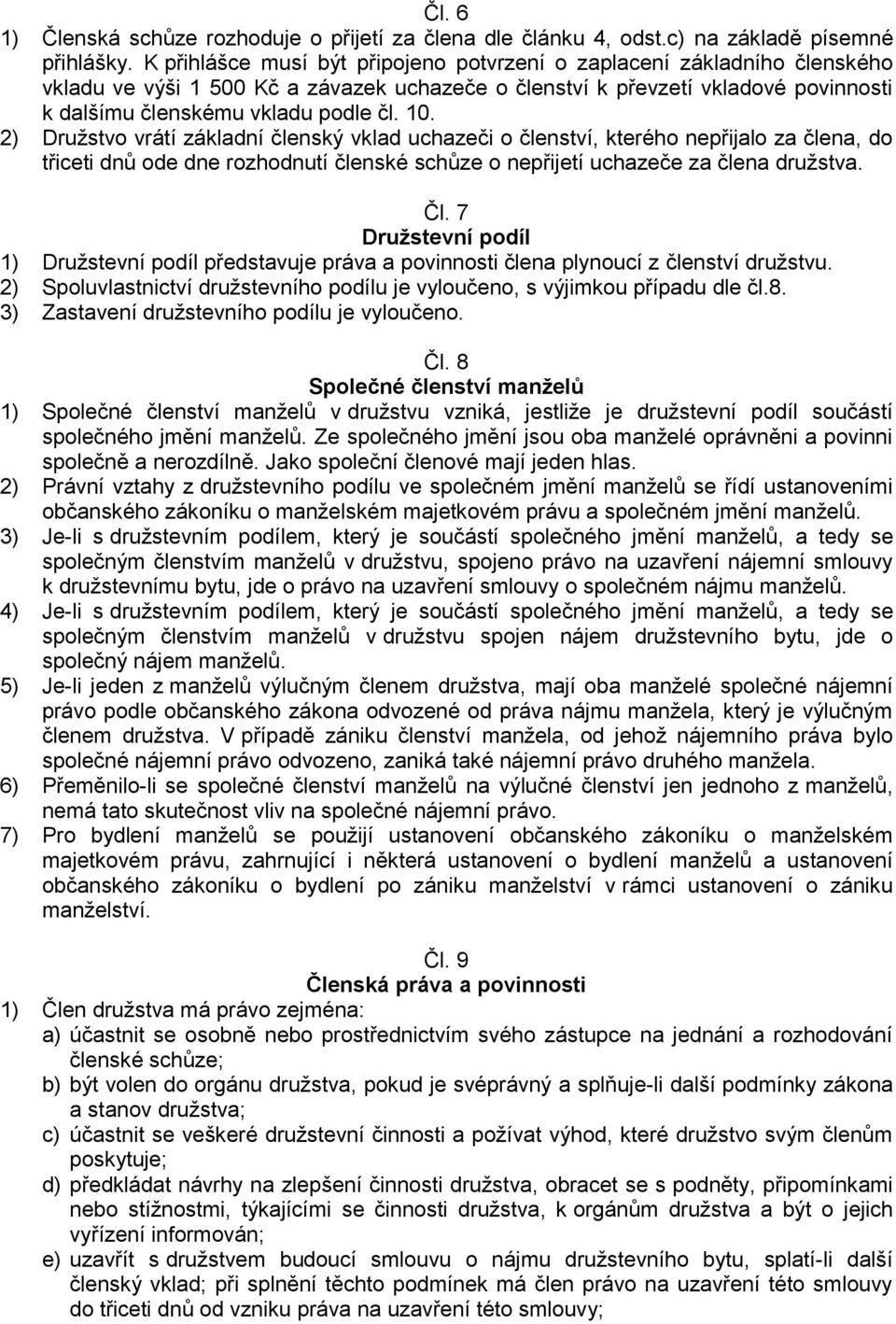 2) Družstvo vrátí základní členský vklad uchazeči o členství, kterého nepřijalo za člena, do třiceti dnů ode dne rozhodnutí členské schůze o nepřijetí uchazeče za člena družstva. Čl.