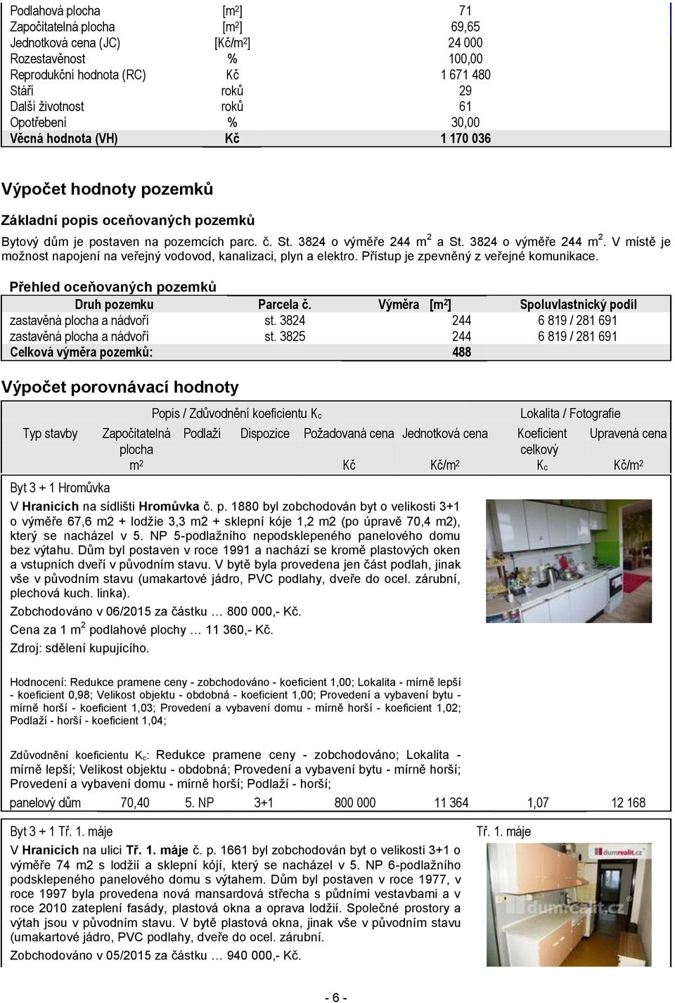 3824 o výměře 244 m 2. V místě je možnost napojení na veřejný vodovod, kanalizaci, plyn a elektro. Přístup je zpevněný z veřejné komunikace. Přehled oceňovaných pozemků Druh pozemku Parcela č.