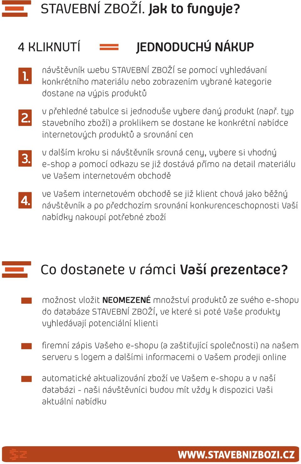 návštěvník webu STAVEBNÍ ZBOŽÍ se pomocí vyhledávaní konkrétního materiálu nebo zobrazením vybrané kategorie dostane na výpis produktů v přehledné tabulce si jednoduše vybere daný produkt (např.