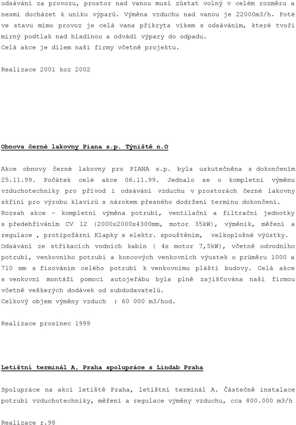 Realizace 2001 koz 2002 Obnova černé lakovny Piana s.p. Týniště n.o Akce obnovy černé lakovny pro PIANA s.p. byla uskutečněna s dokončením 25.11.99.