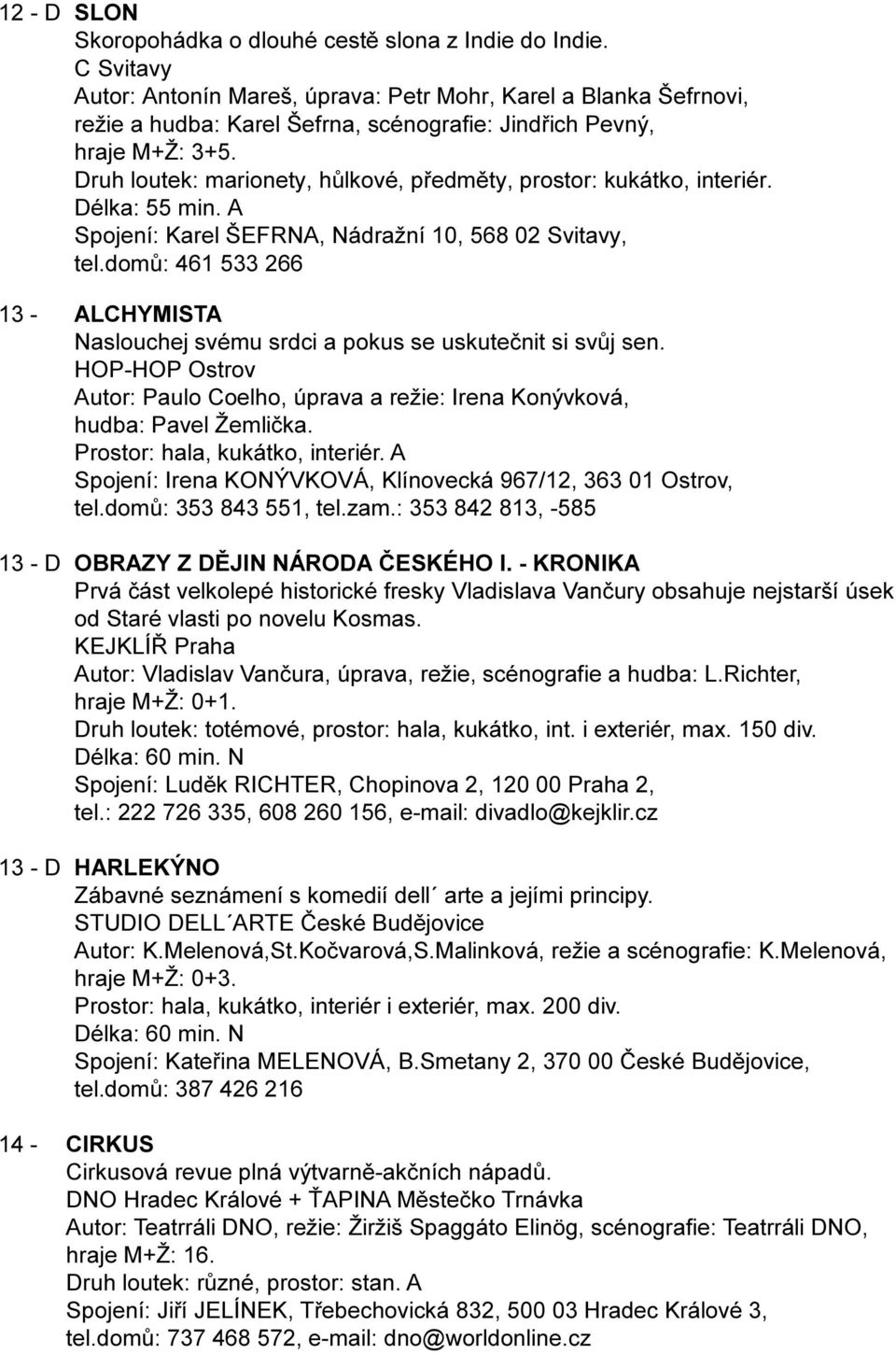 Druh loutek: marionety, hùlkové, pøedmìty, prostor: kukátko, interiér. Délka: 55 min. A Spojení: Karel ŠEFRNA, Nádražní 10, 568 02 Svitavy, tel.