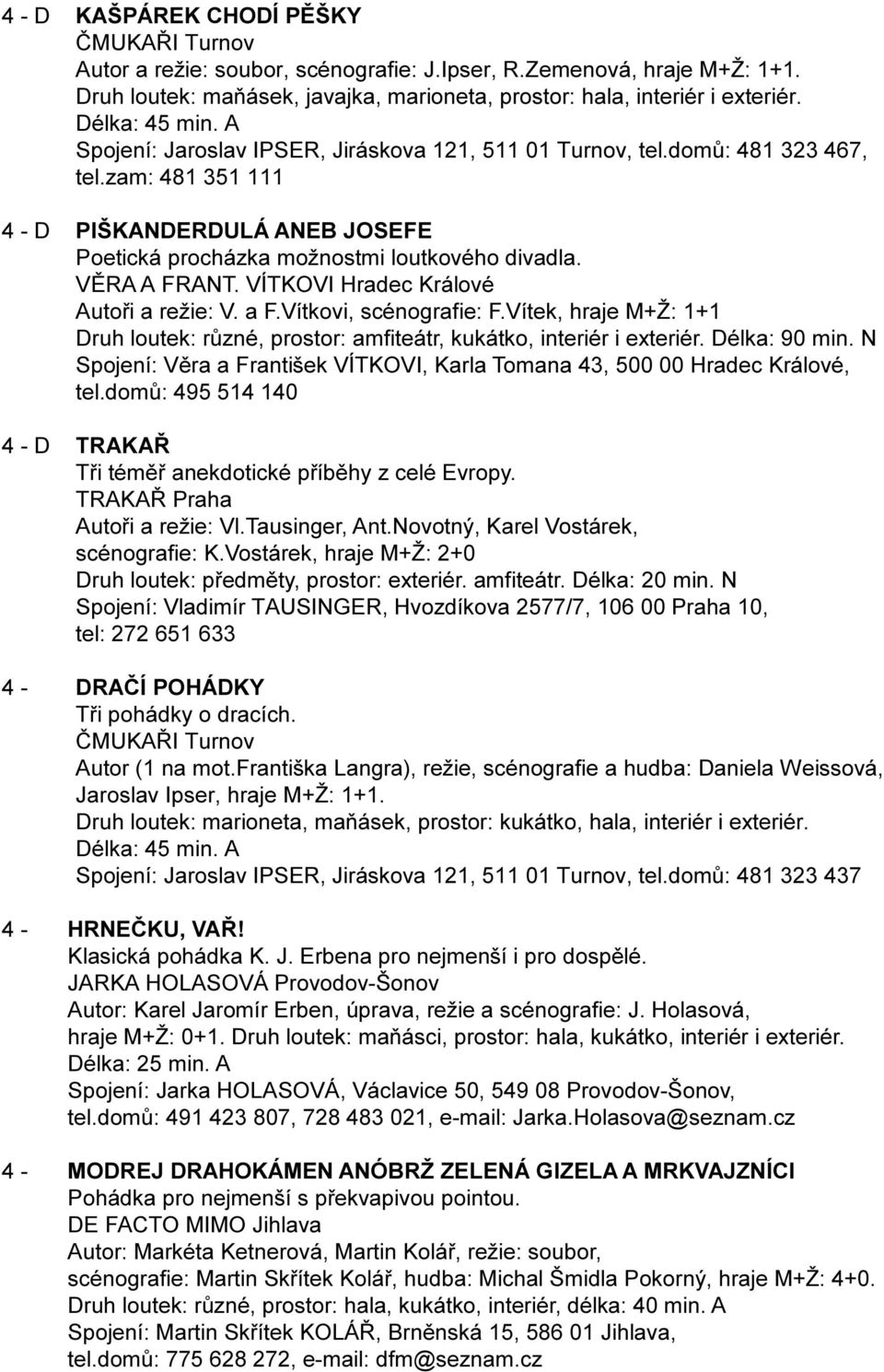 VÌRA A FRANT. VÍTKOVI Hradec Králové Autoøi a režie: V. a F.Vítkovi, scénografie: F.Vítek, hraje M+Ž: 1+1 Druh loutek: rùzné, prostor: amfiteátr, kukátko, interiér i exteriér. Délka: 90 min.